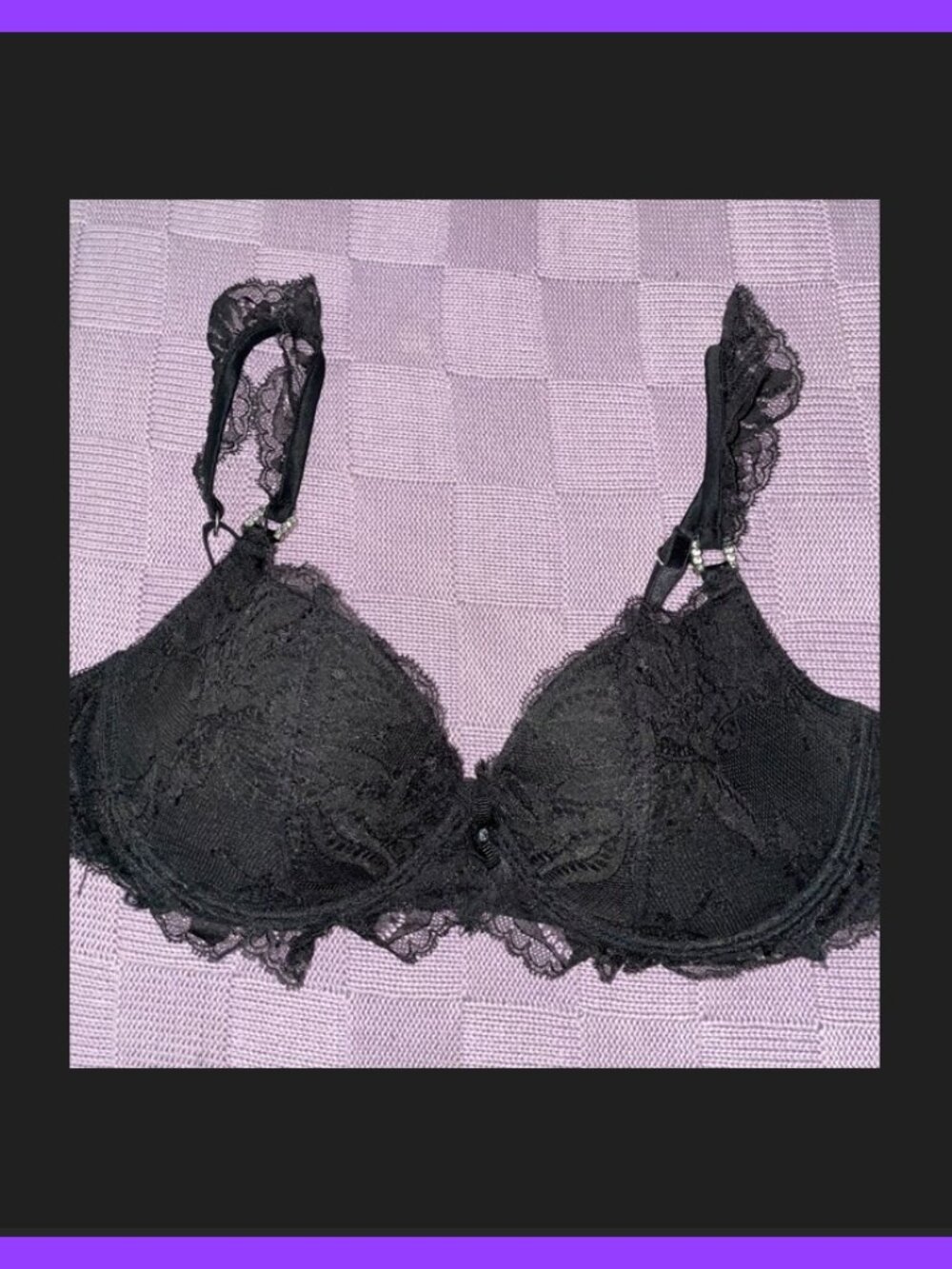 Black Bra 34C Push Up Unpadded Lace Faux Diamond Detail
